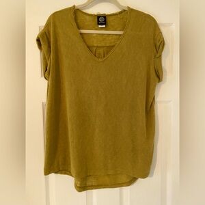 Bobeau Moss Green Oversized Lightweight V-Neck Sweater Top w/ Roll Sleeve Small